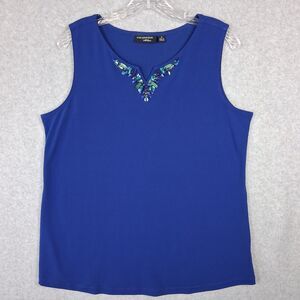 Susan Graver Artisan Tank Top Medium Blue Liquid Knit Beaded Camisole Party